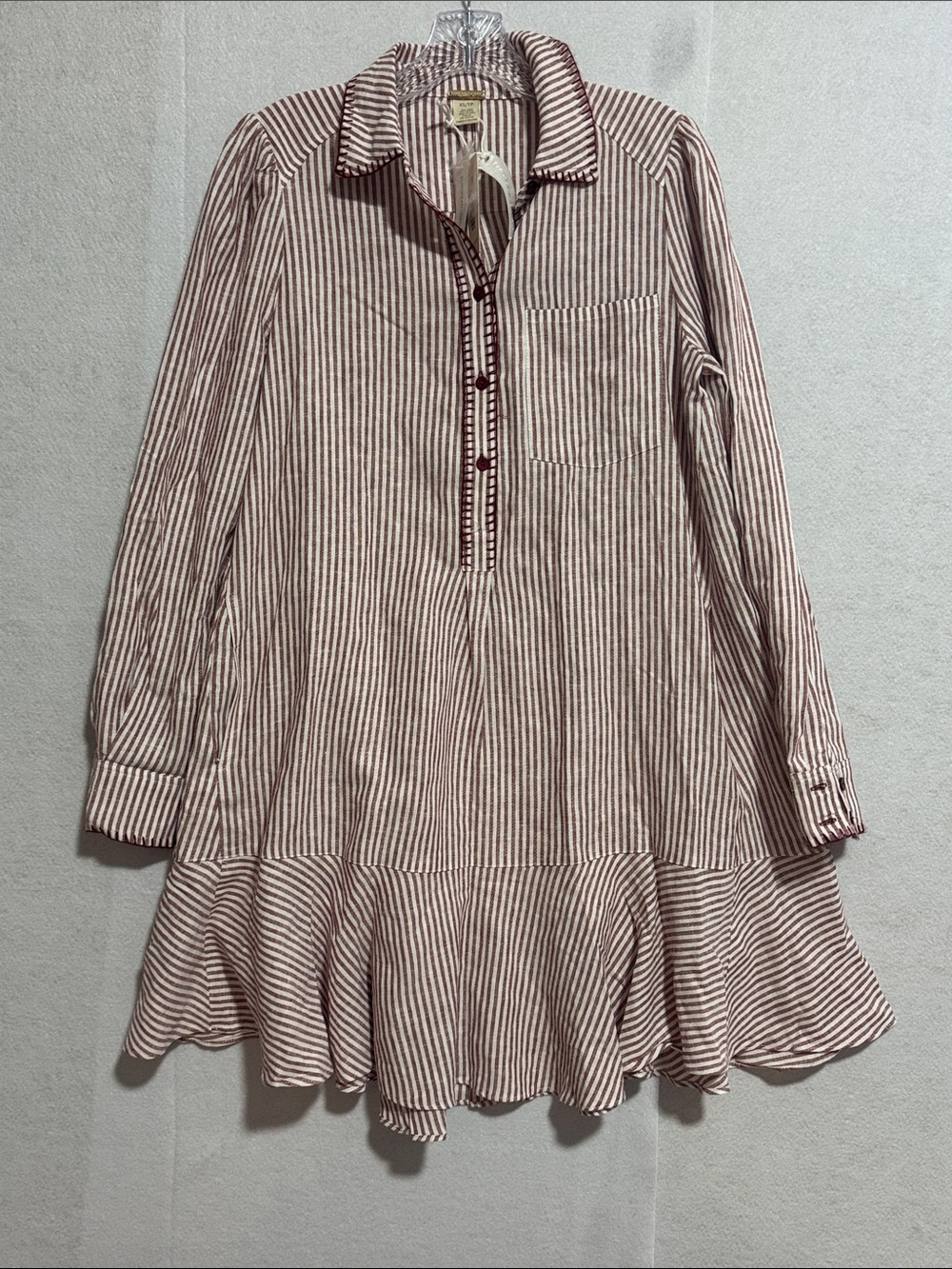 Magaschoni Red and White Striped Linen Blend Midi Dress with Ruffle Hem